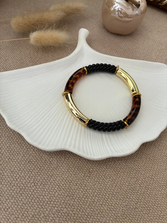 Bracelet Tubes léopard / doré / noir